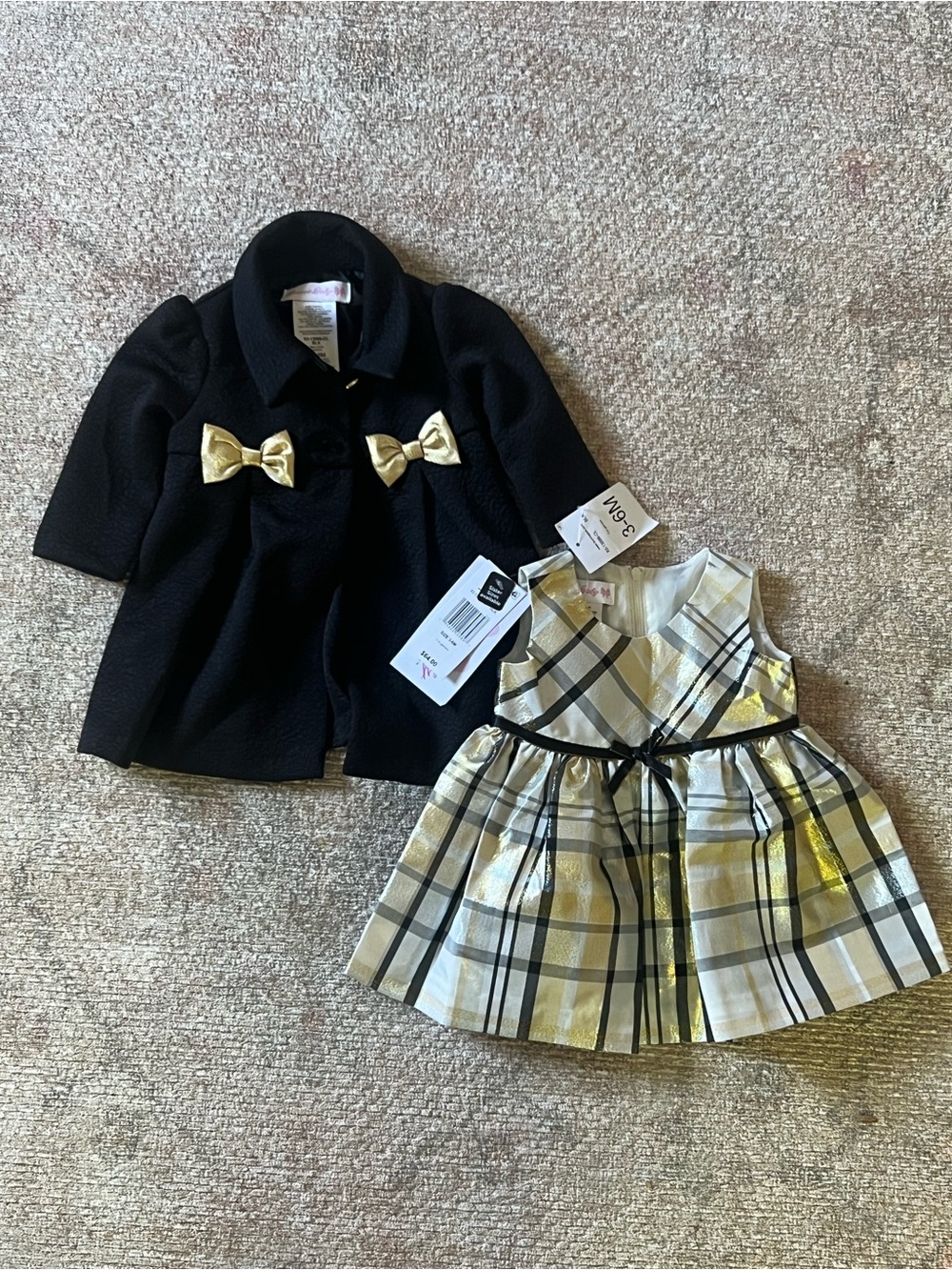 Bonnie Baby Black Coat with Gold Bows & Gold Plaid Dress 3/6 months
